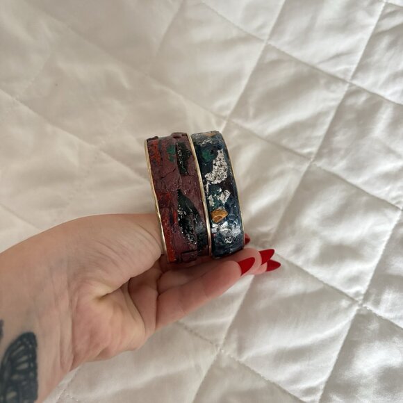 Lot Of 2 Handmade Bohemian Style Cuff Bangle Bracelet Art Blue Purple - Picture 3 of 8